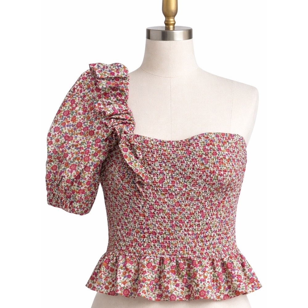 Vestique One Shoulder Smock Top Autumn Floral Blouse Pink Short Sleeve Size M